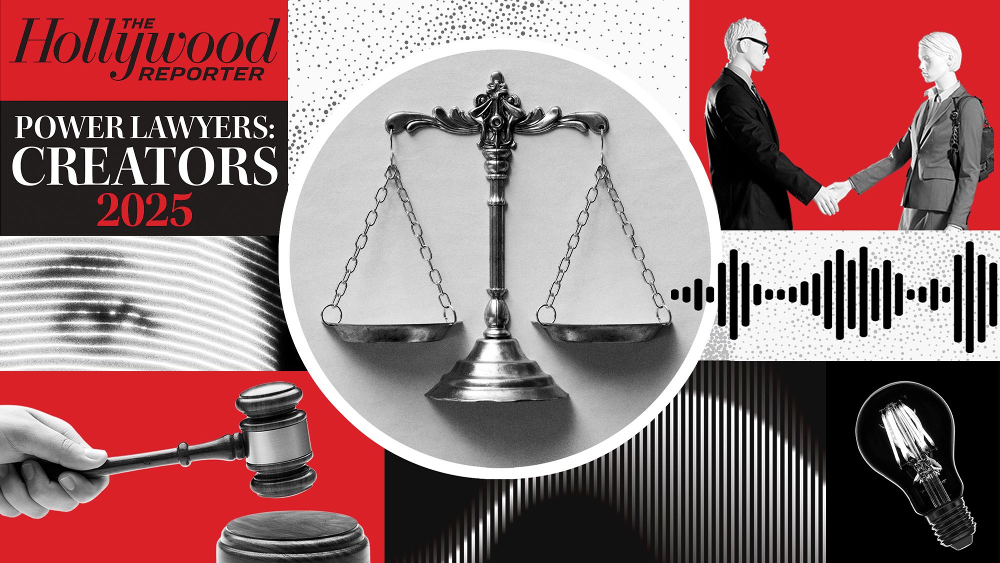 Photo Illustration of scales of justice, gavel, lightbuld