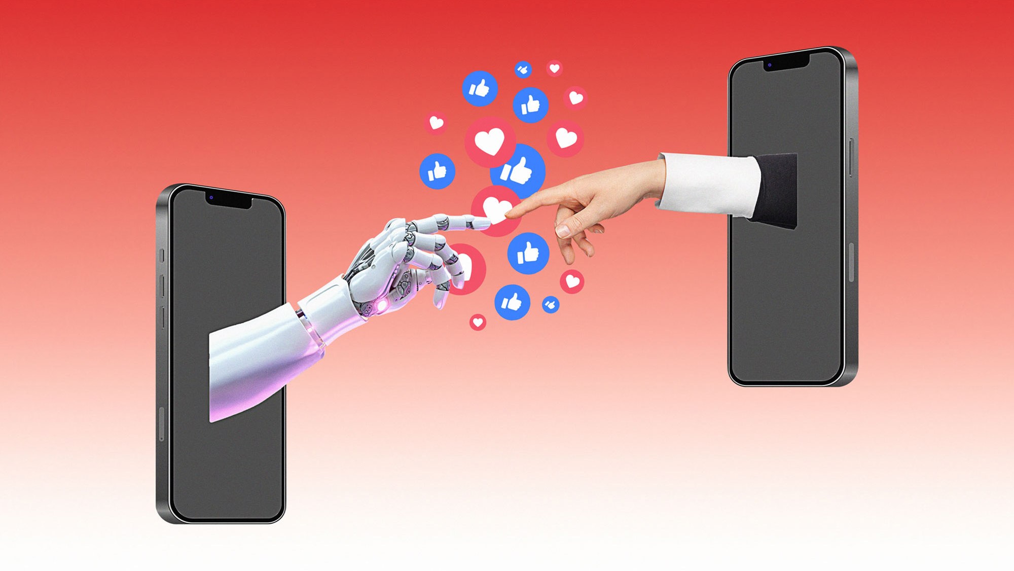 A robot hand and human hand coming out of smart phones